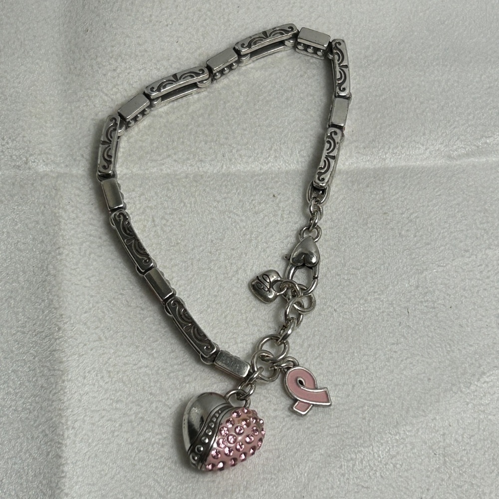Brighton Power of Pink Bracelet Silver Plated Pink Crystals Heart Charm 8"